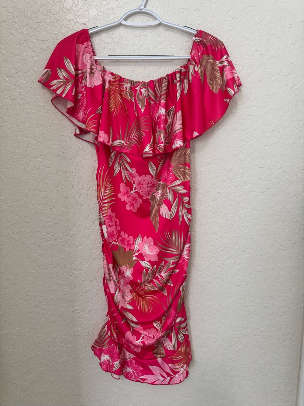 SHEIN Hot Pink Floral Off-Shoulder Midi Dress